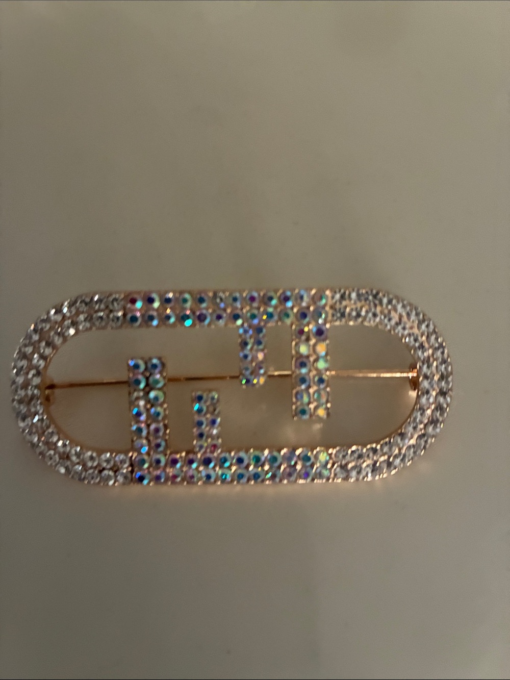 Gold-Tone Oval Brooch with Aurora Borealis Crystals
